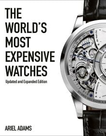 Jaeger-LeCoultre’s Duomètre à Grande Sonnerie luxury silver watch, on white cover of 'The World's Most Expensive Watches', by ACC Art Books.