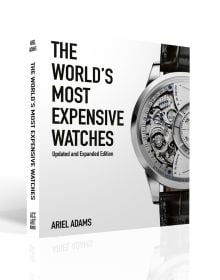 Book cover of The World's Most Expensive Watches, featuring a Jaeger-LeCoultre’s Duomètre à Grande Sonnerie luxury silver watch. Published by ACC Art Books.