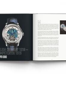 Jaeger-LeCoultre’s Duomètre à Grande Sonnerie luxury silver watch, on white cover of 'The World's Most Expensive Watches', by ACC Art Books.