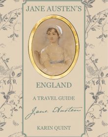 Miniature oval painting of Jane Austen framed in gold, on cover of 'Jane Austen's England A Travel Guide', by ACC Art Books.