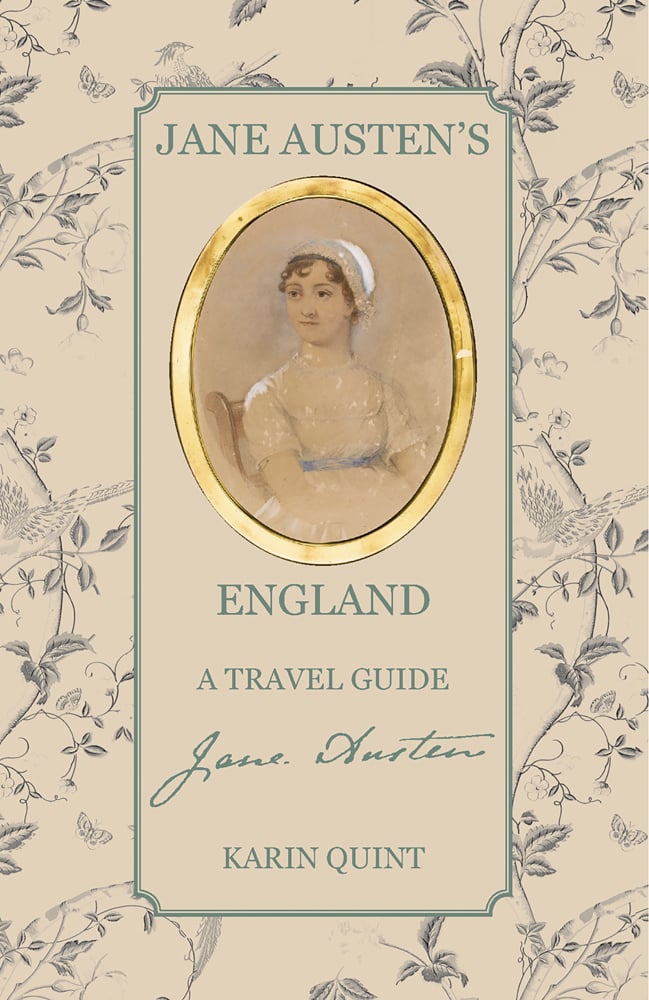 Beige and lavender floral pattern cover with an miniature oval painting of Jane Austen framed in gold with Jane Austen's England A Travel Guide in pale blue