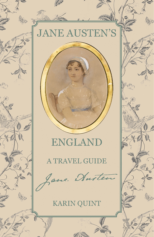 Miniature oval painting of Jane Austen framed in gold, on cover of 'Jane Austen's England A Travel Guide', by ACC Art Books.