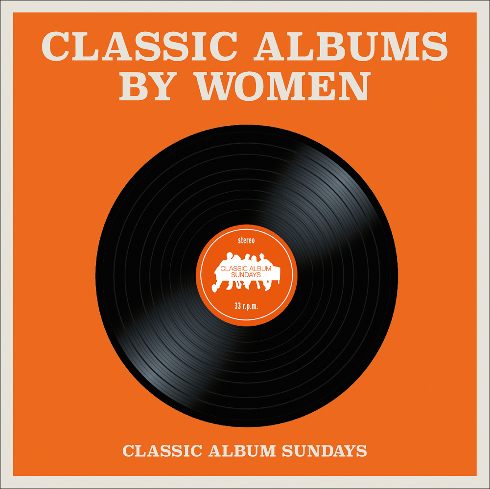 Black vinyl record, to centre of orange cover of 'Classic Albums by Women', by ACC Art Books.
