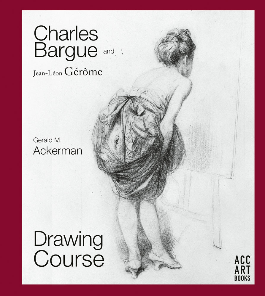 Grey lithograph with a cranberry colour border of a figure with their back to the viewer holding up a long skirt with Charles Bargue and Jean-Leon Gerome Drawing Course in black font