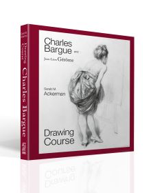 Book cover of Charles Bargue and Jean-Leon Gerome Drawing Course, with a lithograph of white female with their back to the viewer holding up a long skirt. Published by ACC Art Books.