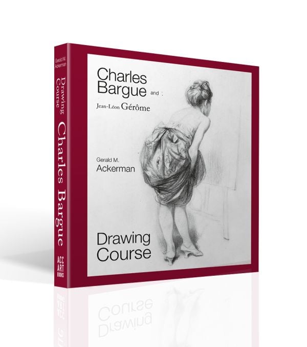 Book cover of Charles Bargue and Jean-Leon Gerome Drawing Course, with a lithograph of white female with their back to the viewer holding up a long skirt. Published by ACC Art Books.