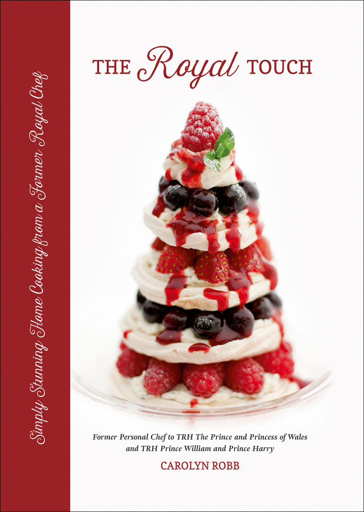 Eton Mess. Meringue tower with cherries and raspberries, on white cover of 'The Royal Touch', by ACC Art Books.