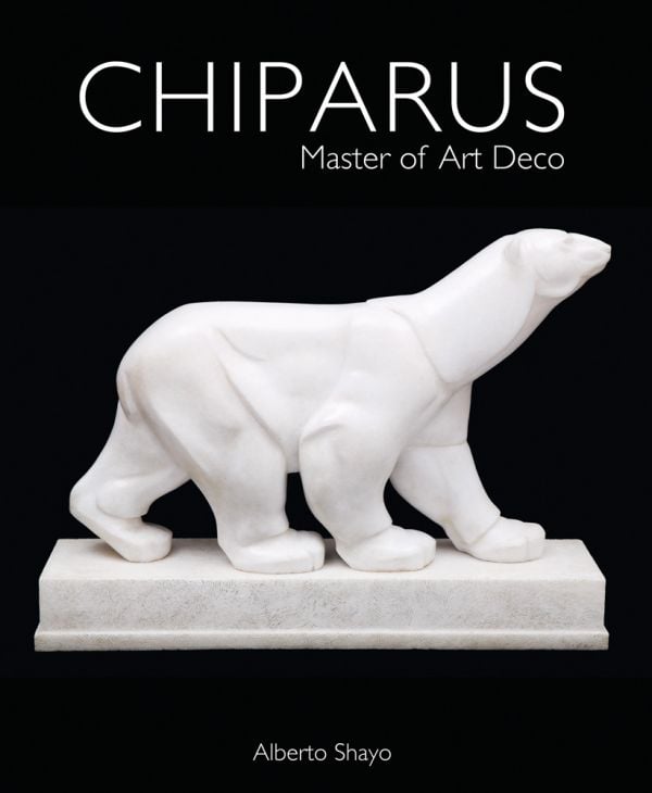 Book cover of Chiparus Master of Art Deco Alberto Shayo, with a white stone carved sculpture of Polar bear on plinth by Demétre Chiparus. Published by ACC Art Books.