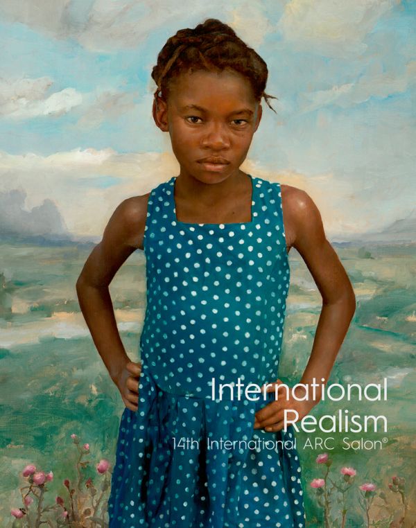 Book cover of International Realism: 14th International ARC Salon, featuring Gregory Mortenson's oil painting 'Standing Proud', with a young girl among the children at an orphanage in Haiti. Published by ACC Art Books.