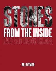 'STONES' in stencilled font with Rolling Stones members behind, on red cover of 'Stones From the Inside – The Limited Edition, Rare and Unseen Images', by ACC Art Books.