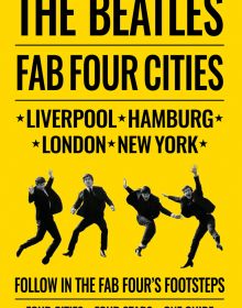 The Beatles jumping in air, on yellow cover of 'The Beatles: Fab Four Cities, Liverpool - Hamburg - London - New York', by ACC Art Books.