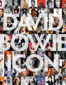 Montage of ninety iconic shots of David Bowie from all eras, on cover of 'DAVID BOWIE ICON' , by ACC Art Books.