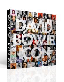 Book cover of David Bowie: Icon, featuring a montage of ninety iconic shots of David Bowie from all eras. Published by ACC Art Books.