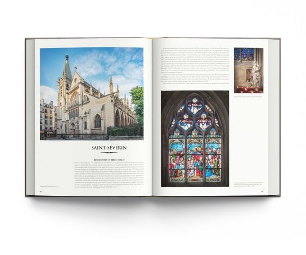 Book cover of Churches of Paris, featuring the atmospheric gothic interior of Sainte-Chapelle in Paris, and stained glass windows with fleurs de lys ceiling decoration. Published by ACC Art Books.
