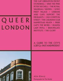 LGBT rainbow flag painted to top edge of brick building, on pink cover of 'QUEER LONDON', by ACC Art Books.