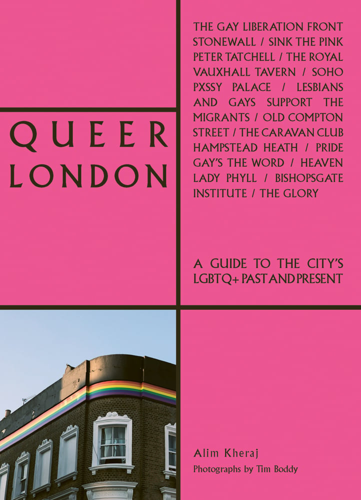 Pink cover with black grid lines and photo of corner of brickwork with rainbow lines border and Queer London in black font