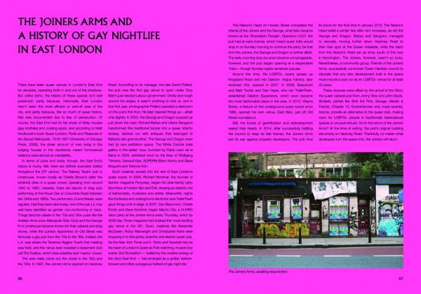 Book cover of Queer Londo: A Guide to the City’s LGBTQ+ Past and Present, with a LGBT rainbow flag painted to top edge of brick building. Published by ACC Art Books.