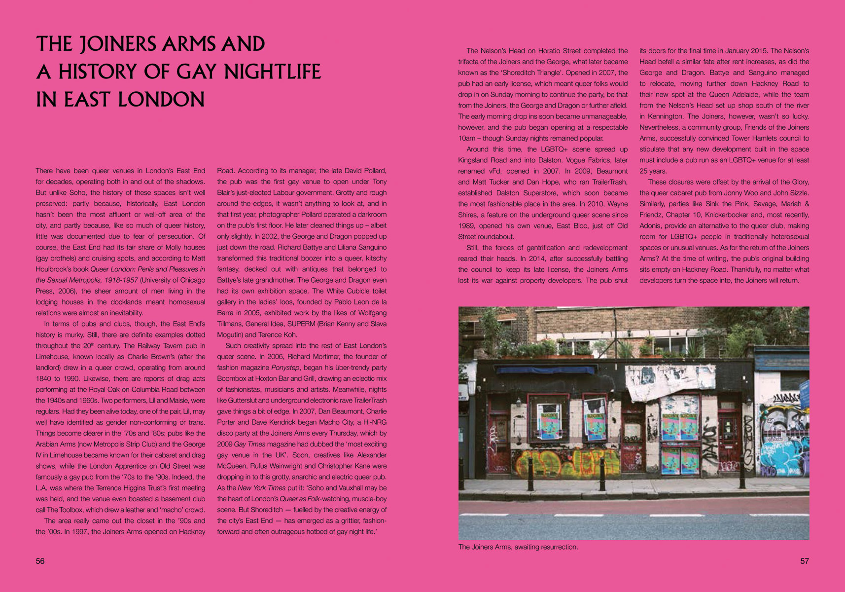 LGBT rainbow flag to top edge of brick building, QUEER LONDON in black font on pink cover above, by ACC Art Books.