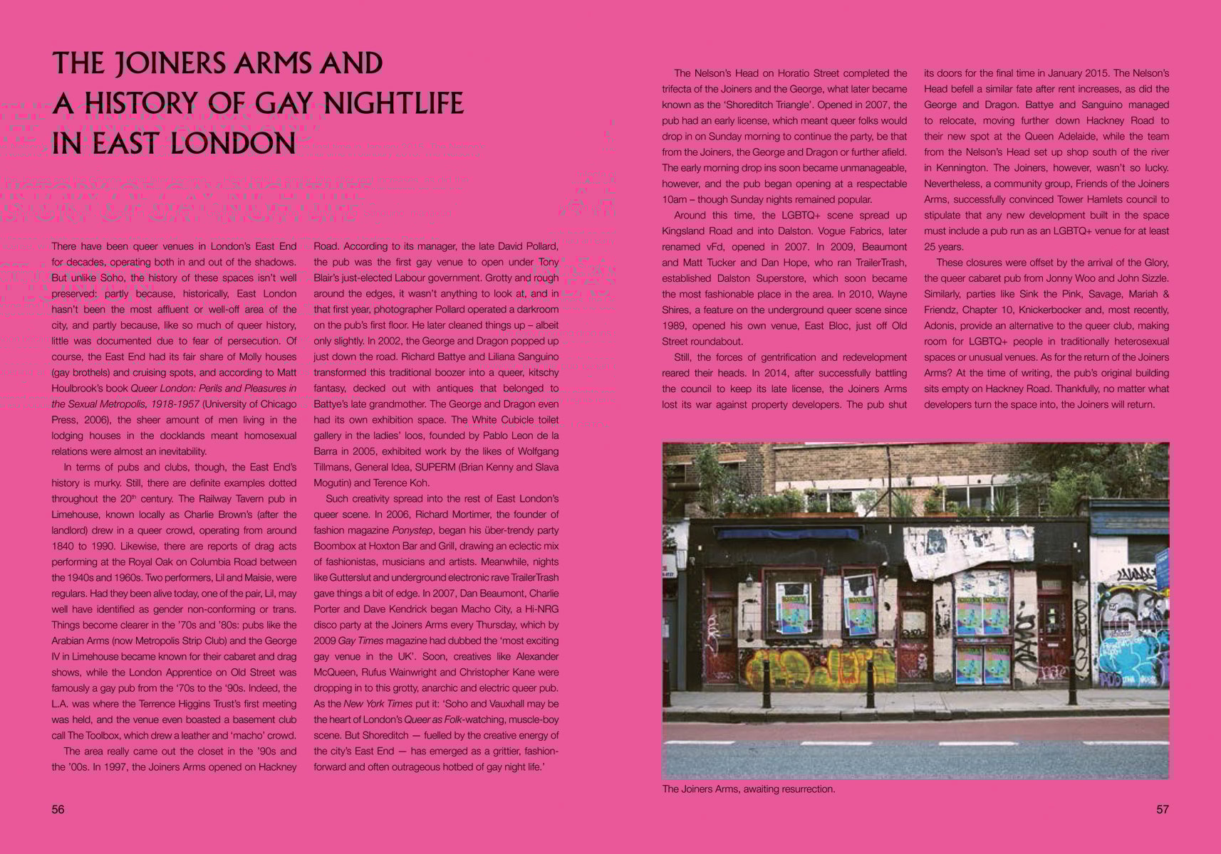 Book cover of Queer Londo: A Guide to the City’s LGBTQ+ Past and Present, with a LGBT rainbow flag painted to top edge of brick building. Published by ACC Art Books.