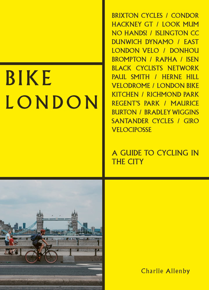 Bright yellow cover with black grid lines and image of cyclist riding over bridge with Bike London in black font at upper left