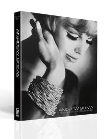 Book cover of Andrew Grima, The Father of Modern Jewellery Fashion, with model wearing large bangle; hand resting on cheek. Published by ACC Art Books.