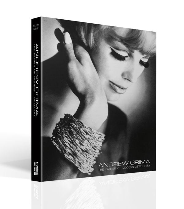 Book cover of Andrew Grima, The Father of Modern Jewellery Fashion, with model wearing large bangle; hand resting on cheek. Published by ACC Art Books.