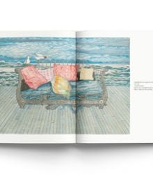 Book cover of Jin Yucheng Stories and Scenes, with an illustration of orange figures at sea in long rowing boat, filled with purple balls. Published by ACC Art Books.