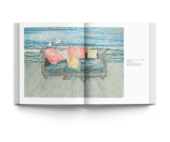 Book cover of Jin Yucheng Stories and Scenes, with an illustration of orange figures at sea in long rowing boat, filled with purple balls. Published by ACC Art Books.