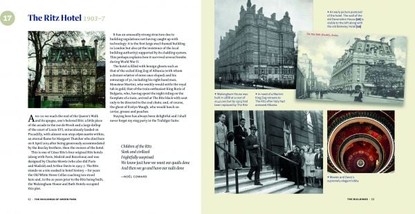 Book cover of The Buildings of Green Park, featuring the 18th-century aristocratic palace Mansion Spencer House, Mayfair London, residential high rise to left. Published by ACC Art Books.