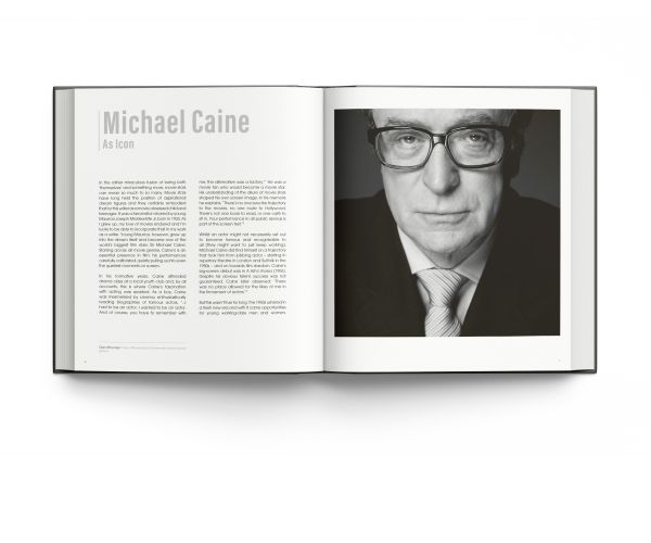 Book cover of 'Michael Caine, Photographed by Terry O'Neill, featuring the actor staring seriously at the camera, from the 1966 film 'Funeral in Berlin'. Published by ACC Art Books.