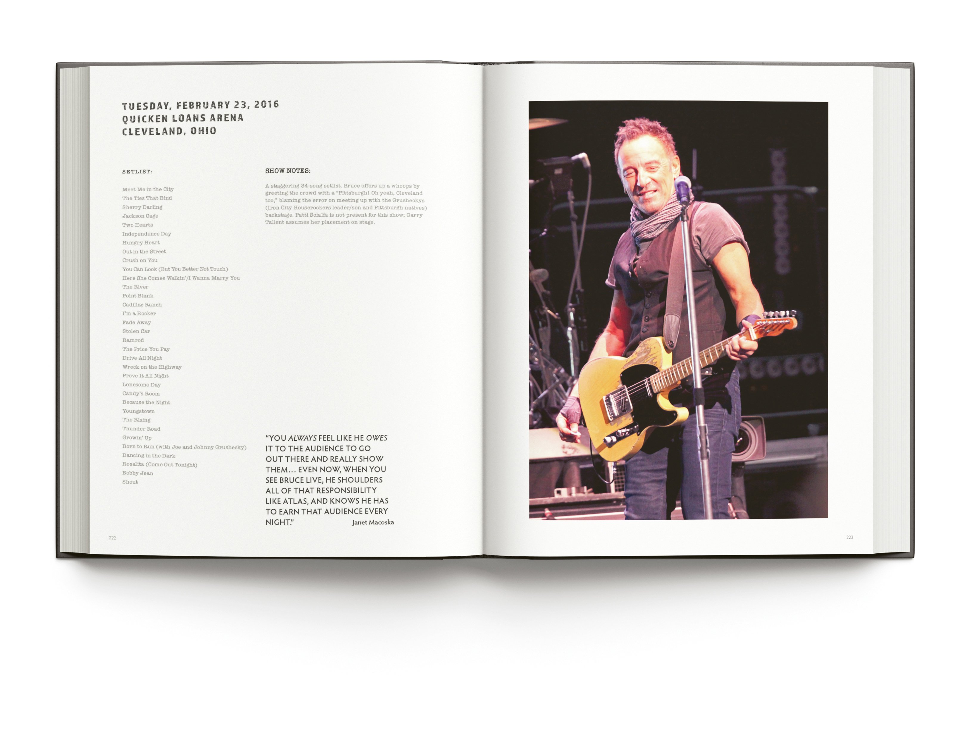 Bruce Springsteen wearing bandana, playing electric guitar on stage, on cover of 'Bruce Springsteen Live in the Heartland Photos by Janet Macoska', by ACC Art Books.