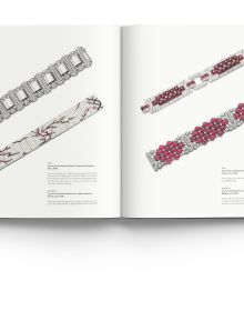 Luxury diamond and ruby jewelled bangles, on white cover of 'Understanding Jewellery, The 20th Century', by ACC Art Books.