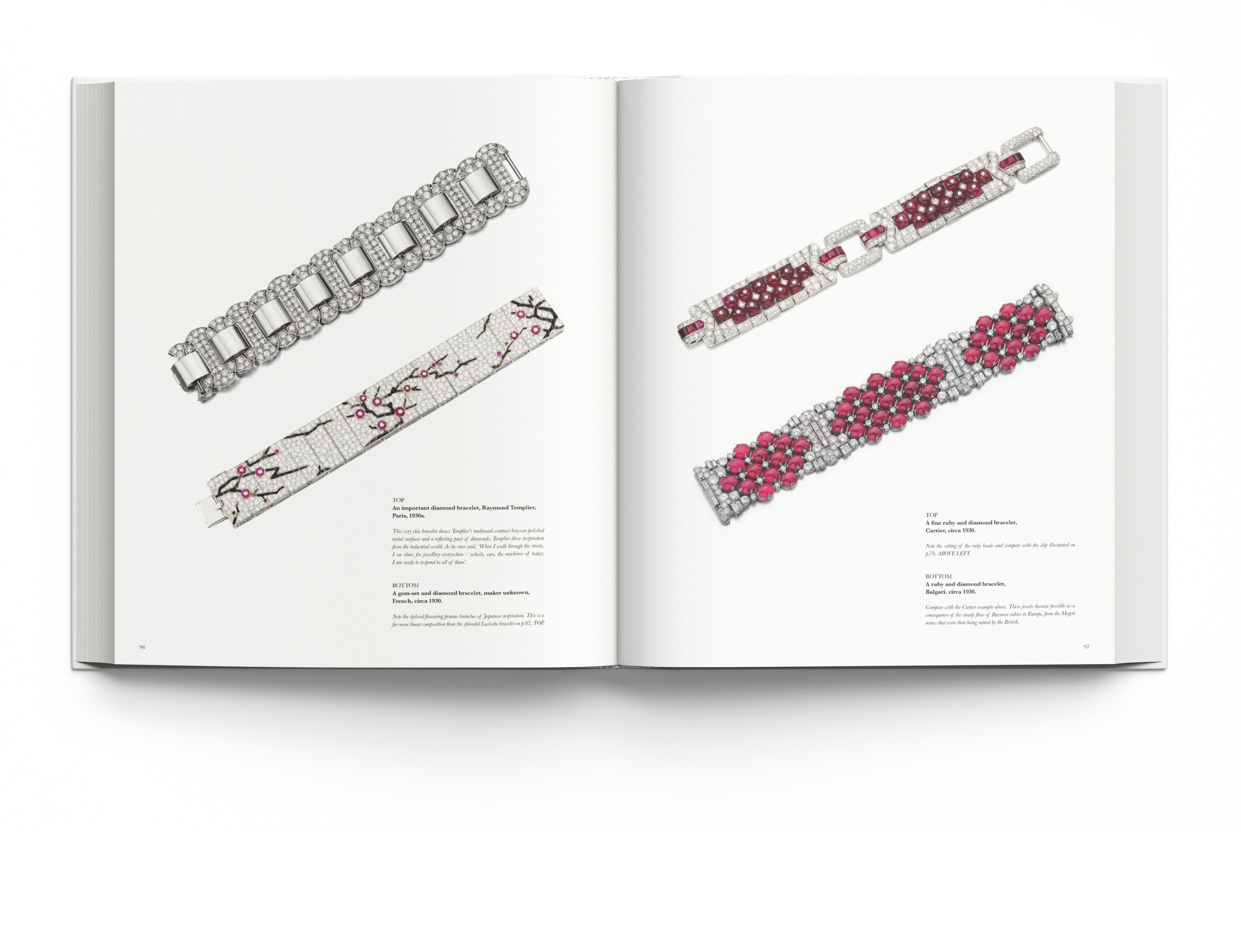 Luxury diamond and ruby jewelled bangles, on white cover, Understanding Jewellery The 20th Century in silver font above.