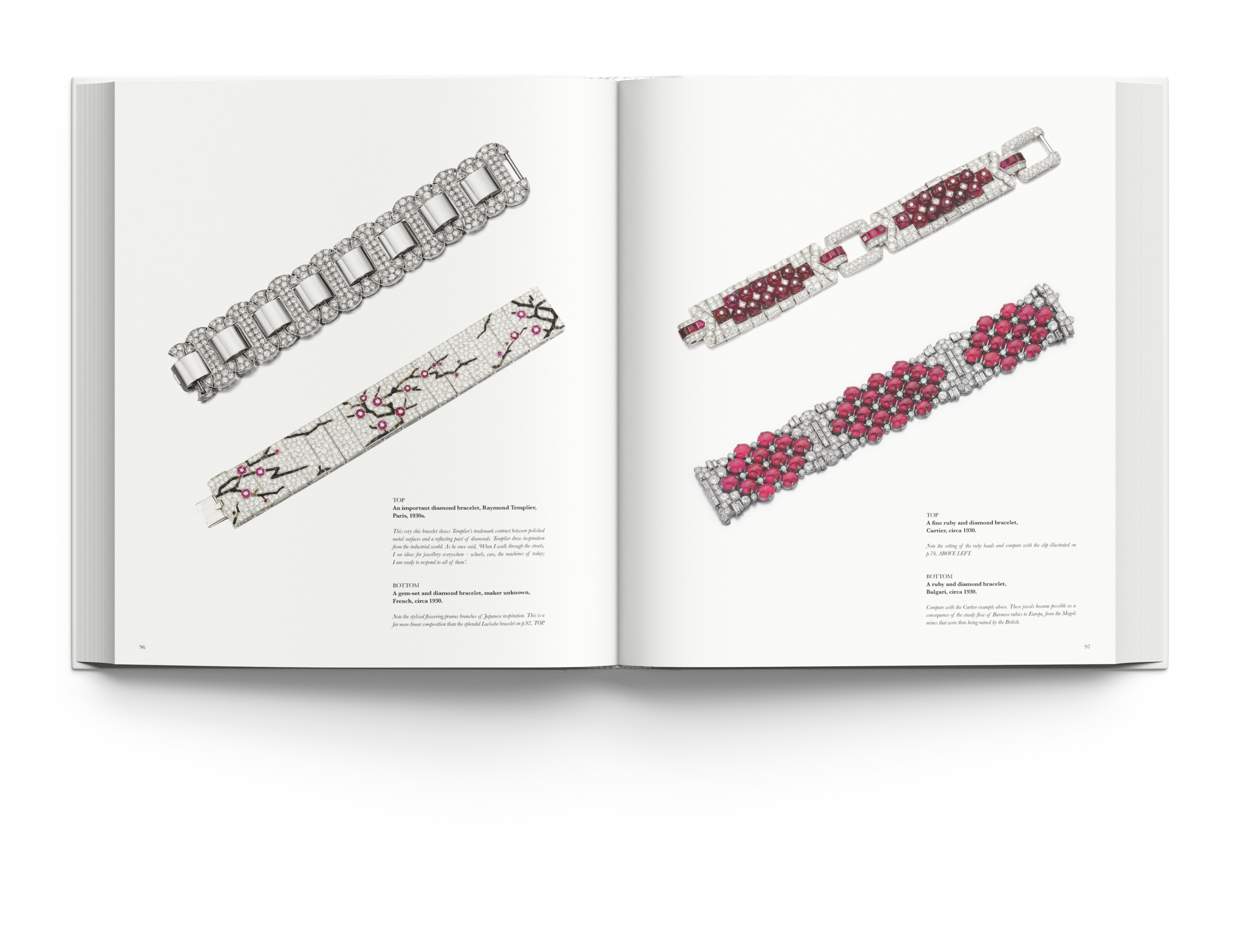 Luxury diamond and ruby jewelled bangles, on white cover of 'Understanding Jewellery, The 20th Century', by ACC Art Books.