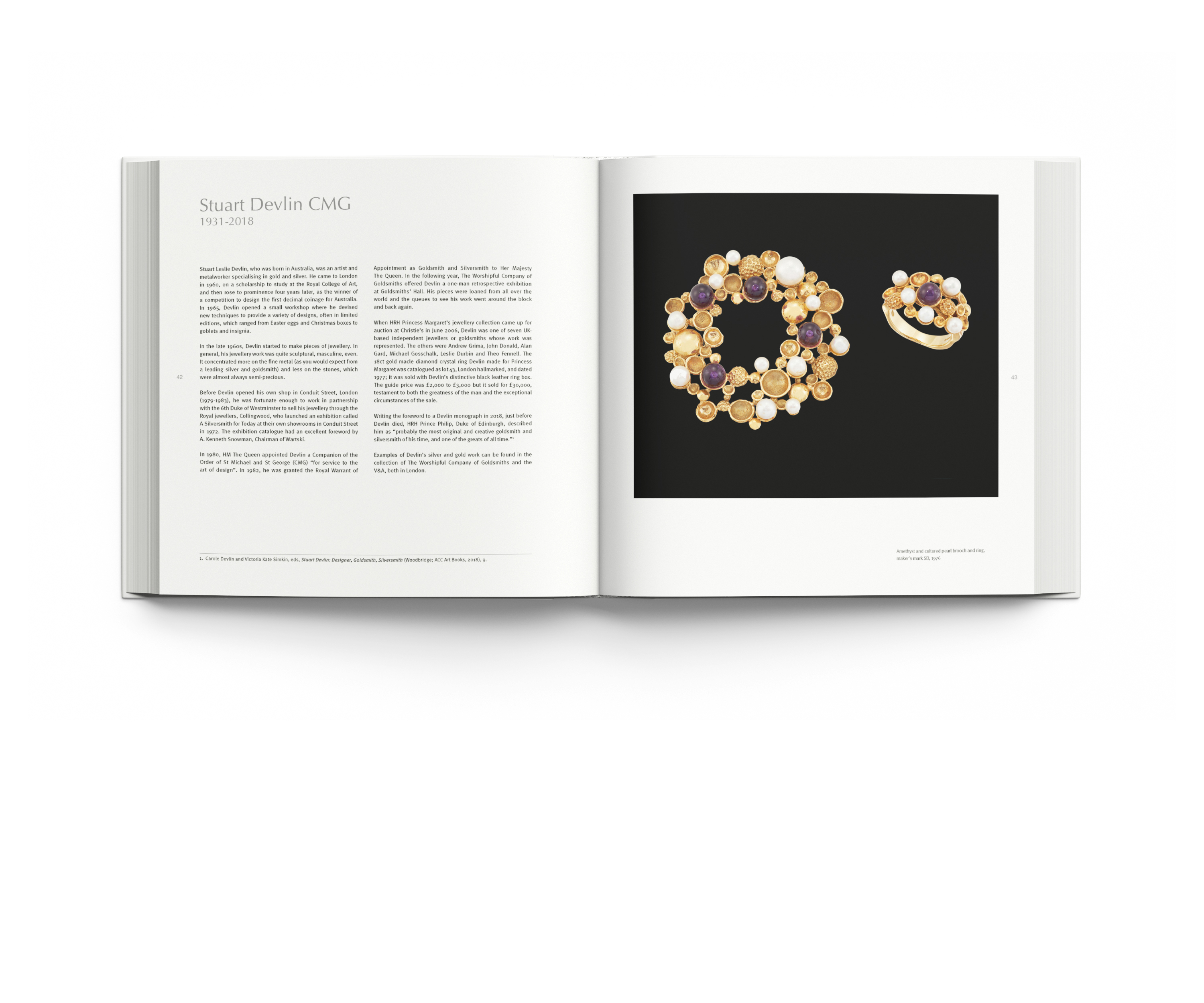 White cover with a colour photograph of a long gold necklace with diamond and amber jewels with Modern British Jewellery Designers 1960-1980 A Collector’s Guide in grey by ACC Art Books