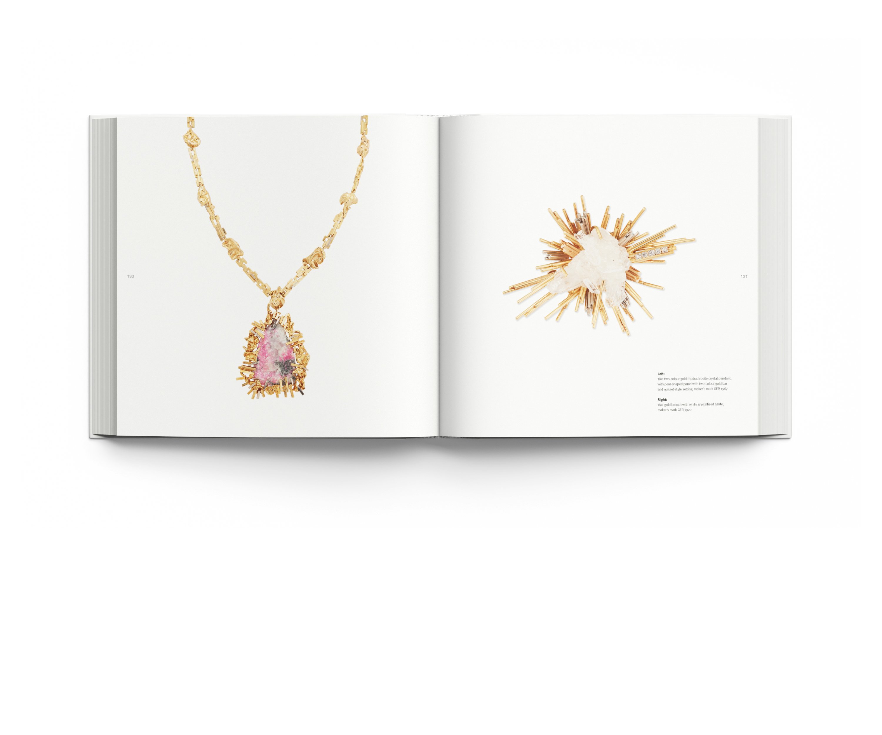 Gold necklace with diamond and amber jewels, on white cover, Modern British Jewellery Designers 1960-1980 in grey font above.
