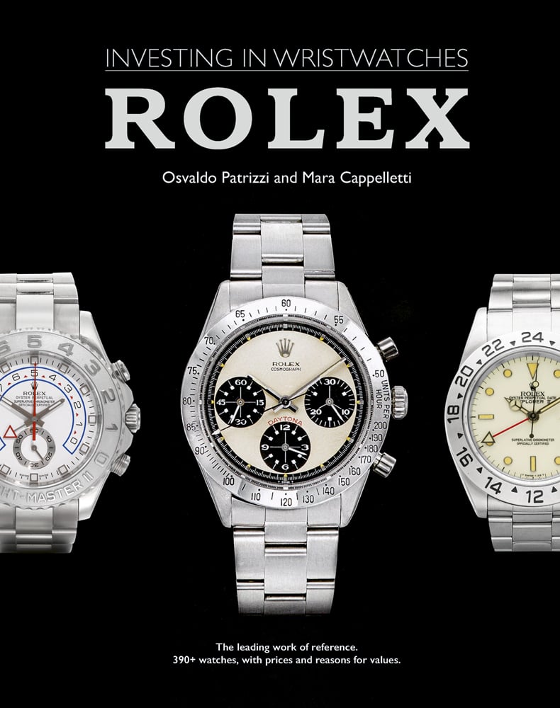 Three silver Rolex watches, on black cover, INVESTING IN WRISTWATCHES ROLEX in white font above, by ACC Art Books.