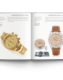 Three silver Rolex watches, on black cover of 'Rolex: Investing in Wristwatches', by ACC Art Books.