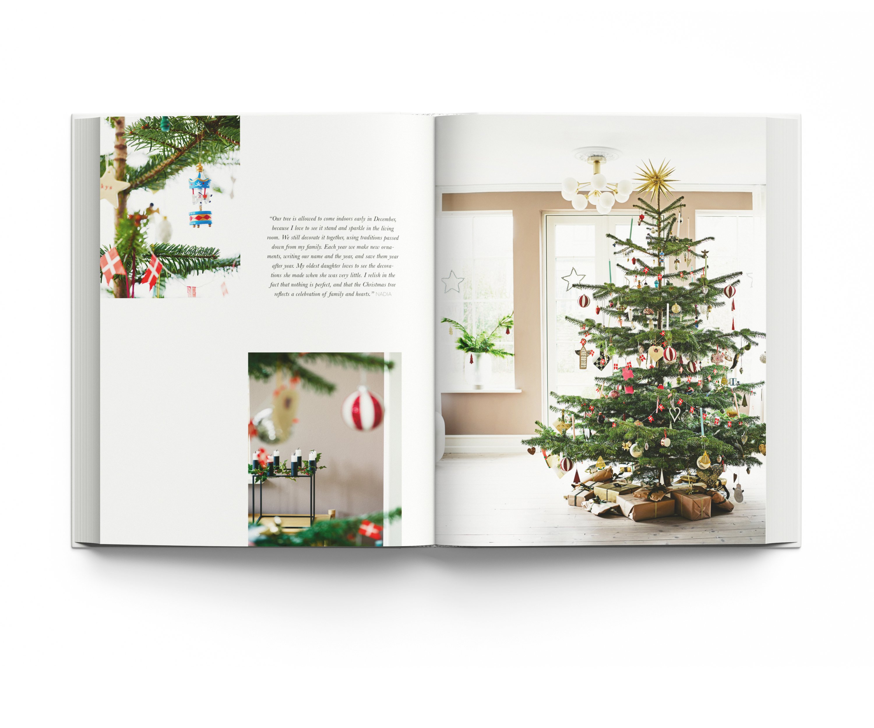 Nordic style white interior with green Christmas tree, on cover of 'The Christmas Season, Created By Scandinavian Artists', by ACC Art Books.