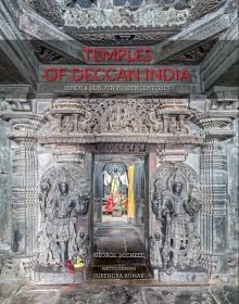 Book cover of Temples of Deccan India, featuring the carved interior of Deccan temple, with a shrine visible through a doorway. Published by ACC Art Books.
