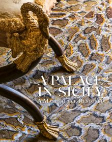 Book cover of A Palace in Sicily, A Masterpiece Restored, featuring an ornate palace chair with gold swan decoration to arm, and gold webbed feet. Published by ACC Art Books.