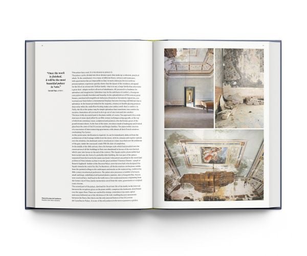 Book cover of A Palace in Sicily, A Masterpiece Restored, featuring an ornate palace chair with gold swan decoration to arm, and gold webbed feet. Published by ACC Art Books.