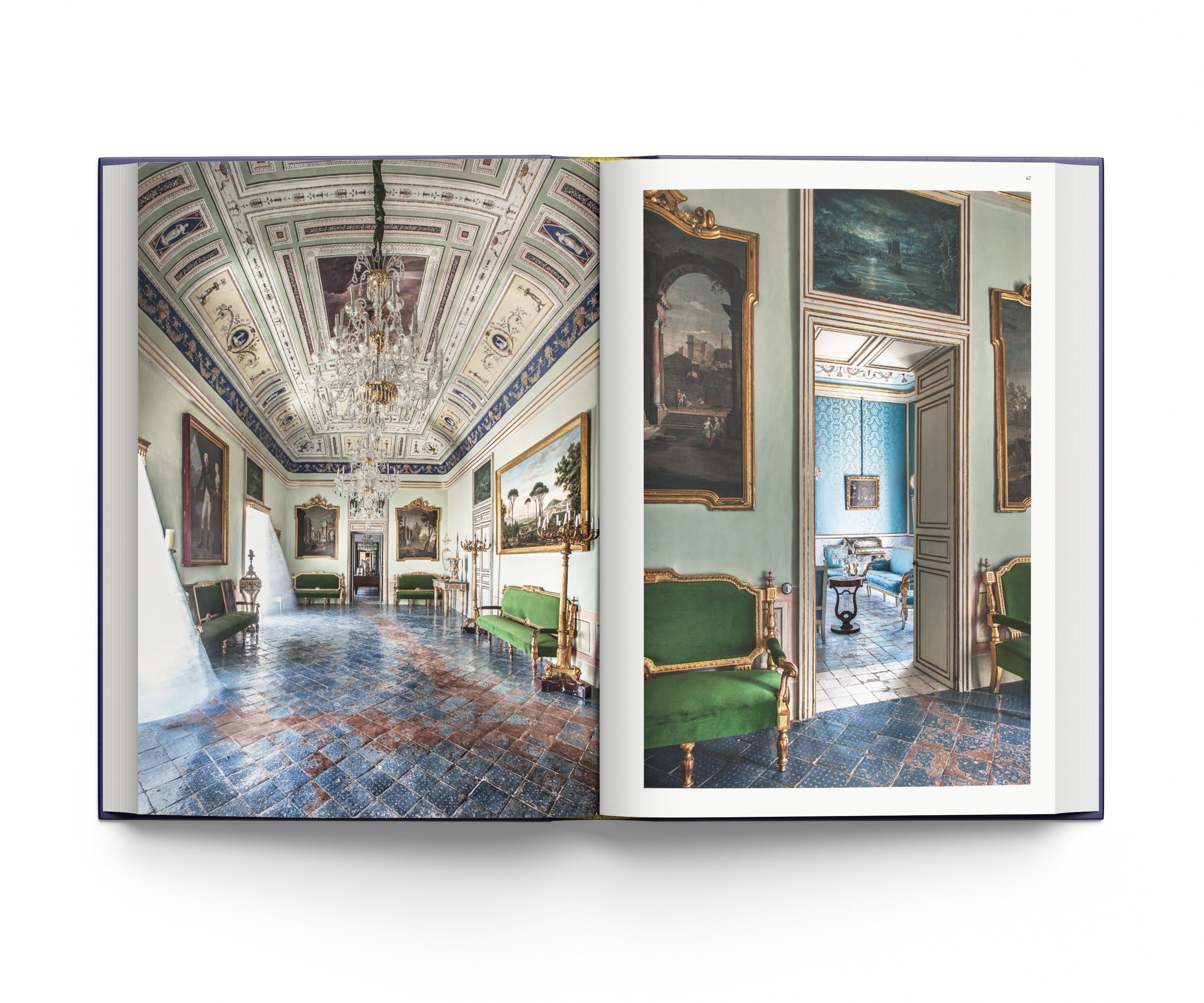 Ornate palace chair with gold swan decoration to arm, gold webbed feet, on tiled floor, on cover of 'A Palace in Sicily, A Masterpiece Restored', by ACC Art Books.