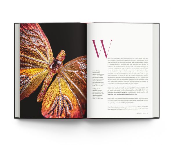 Book cover of Winged Beauty, The Butterfly Jewellery Art of Wallace Chan, with a jewellery piece made of purple feathers. by ACC Art Books.