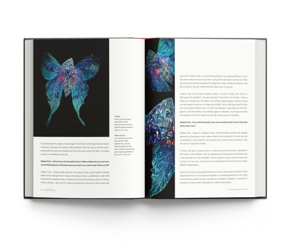 Book cover of Winged Beauty, The Butterfly Jewellery Art of Wallace Chan, with a jewellery piece made of purple feathers. by ACC Art Books.