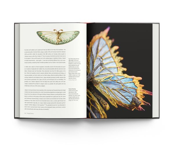 Book cover of Winged Beauty, The Butterfly Jewellery Art of Wallace Chan, with a jewellery piece made of purple feathers. by ACC Art Books.