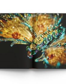 Purple wing shape above blurred blue and yellow gemstones, on cover of 'Winged Beauty, The Butterfly Jewellery Art of Wallace Chan', by ACC Art Books.