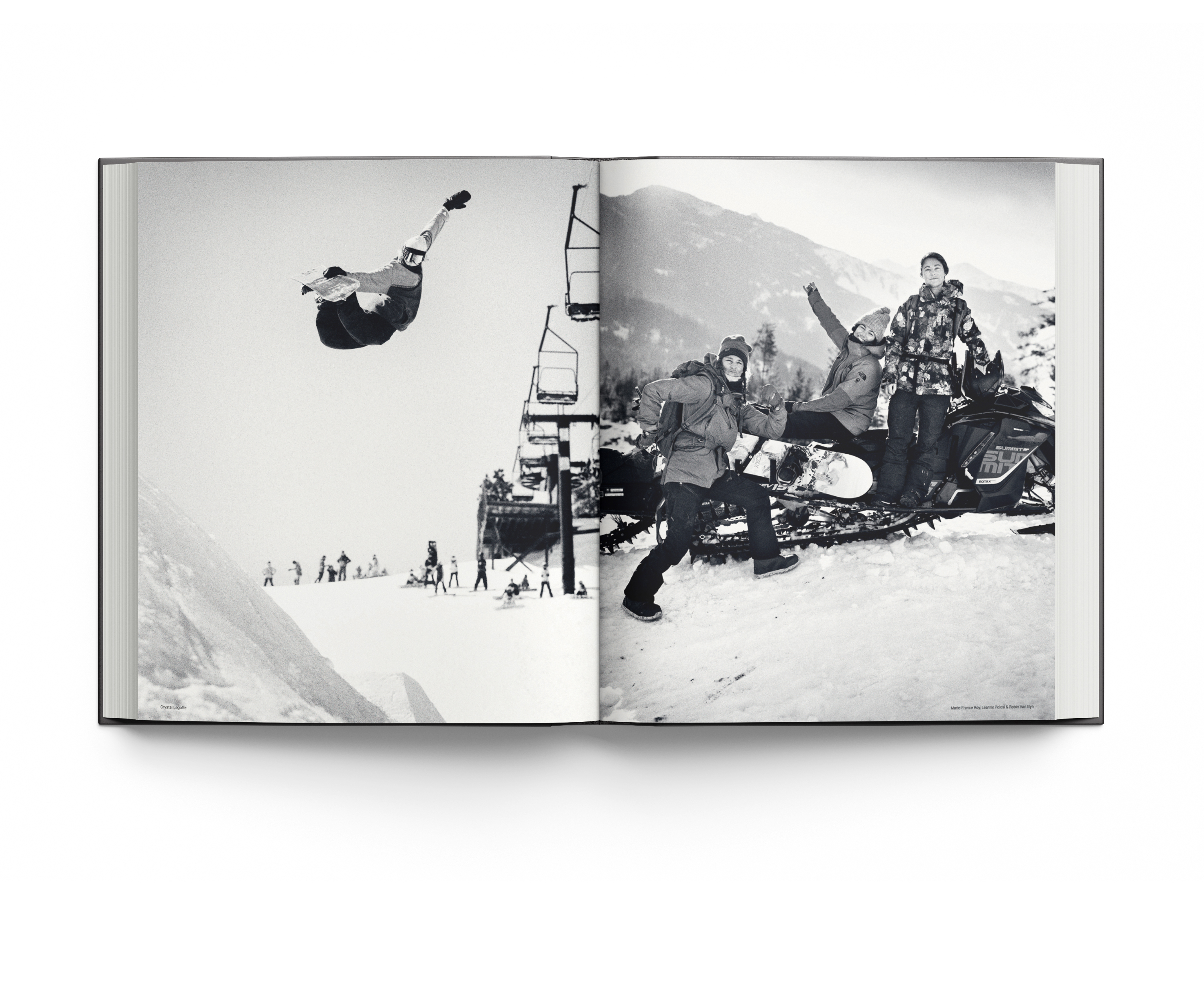American professional snowboarder Hana Beaman snowboarding down rail, on black cover of 'HEROES WOMEN IN SNOWBOARDING' by ACC Art Books.