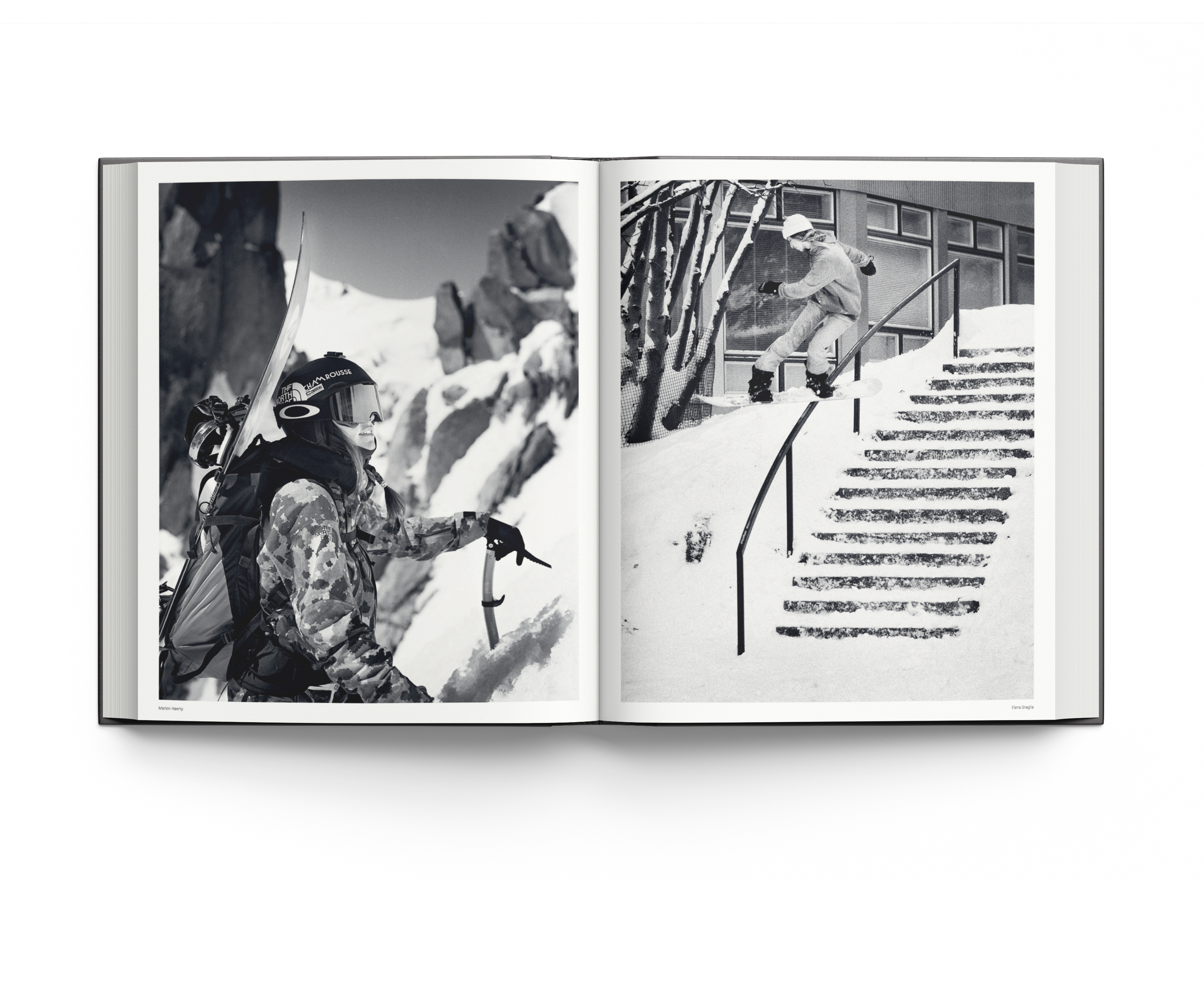 American professional snowboarder Hana Beaman snowboarding down rail, on black cover of 'HEROES WOMEN IN SNOWBOARDING' by ACC Art Books.