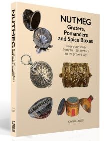 Book cover of Nutmeg Graters, Pomanders and Spice Boxes, featuring five decorative wood and metal spice graters and boxes. Published by ACC Art Books.